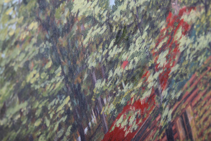 J.V. Cowin 1954 Oil Painting on Canvas of Forest Landscape With Log Cabin