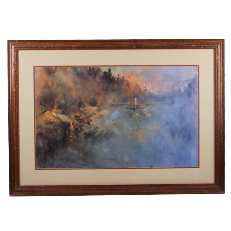 Offset Lithograph on Paper After Painting of Early Morning Fly Fishing Scene