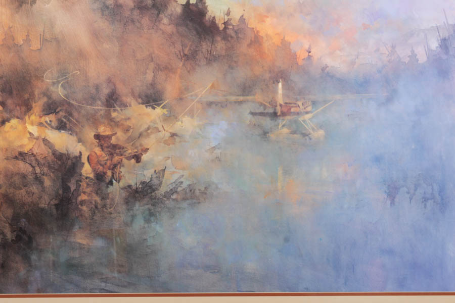 Offset Lithograph on Paper After Painting of Early Morning Fly Fishing Scene
