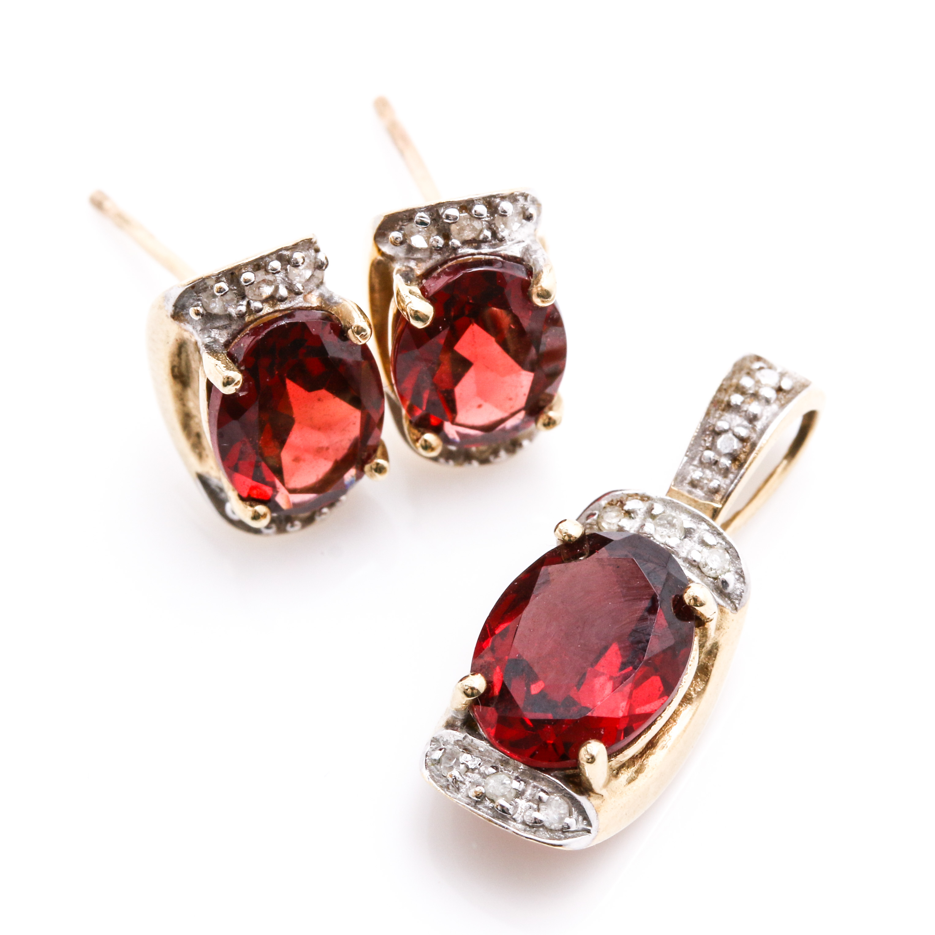 10K Yellow Gold Garnet Diamond Earrings and Pendant