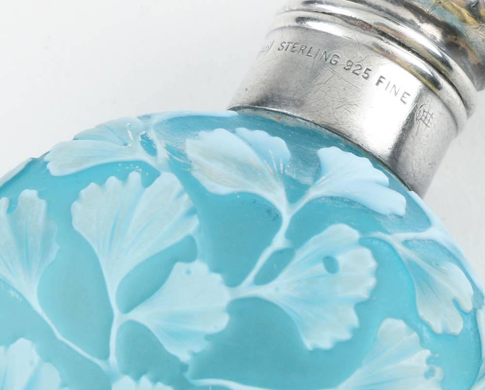 Thomas Webb Blue Cameo Perfume Flask with Sterling Cap