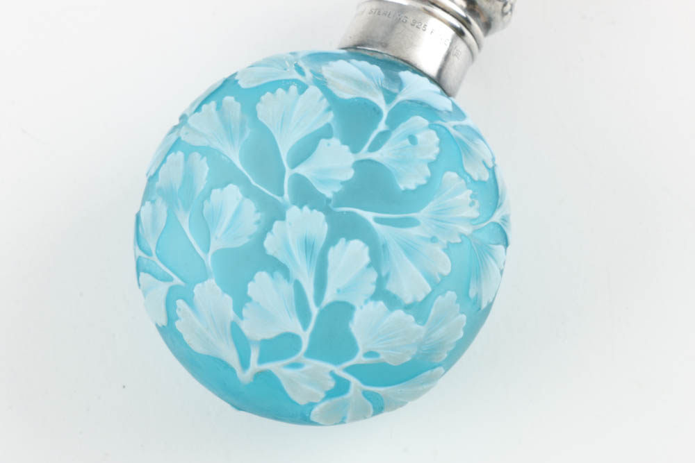 Thomas Webb Blue Cameo Perfume Flask with Sterling Cap