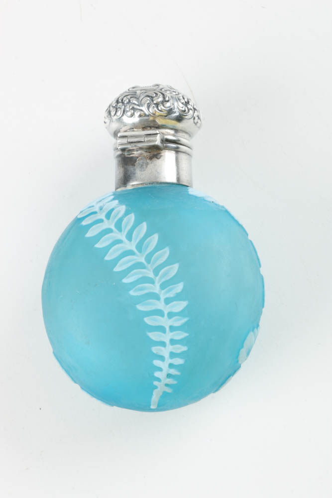 Thomas Webb Blue Cameo Perfume Flask with Sterling Cap