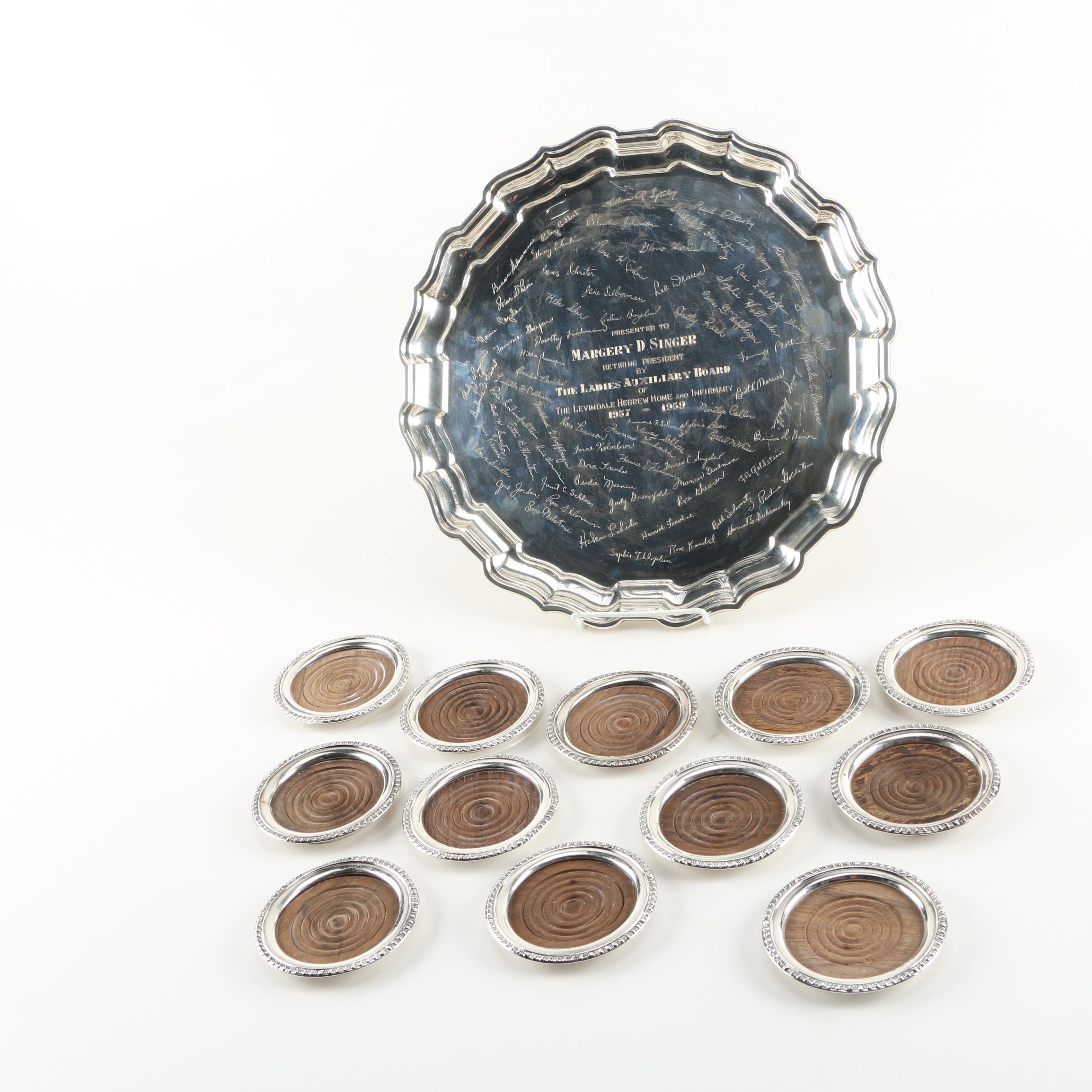 Personalized Frank Smith "Chippendale" Sterling Silver Tray With Sterling Rimmed Coasters
