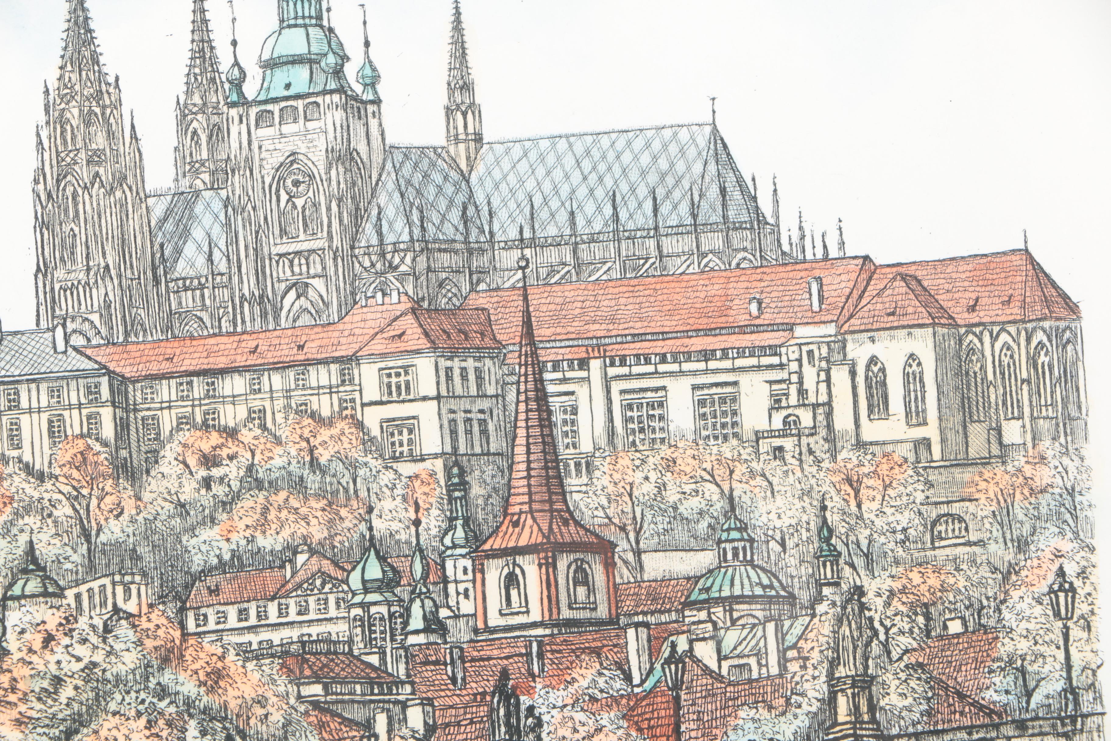 Hand Colored Prints of Vltava River and Charles Bridge