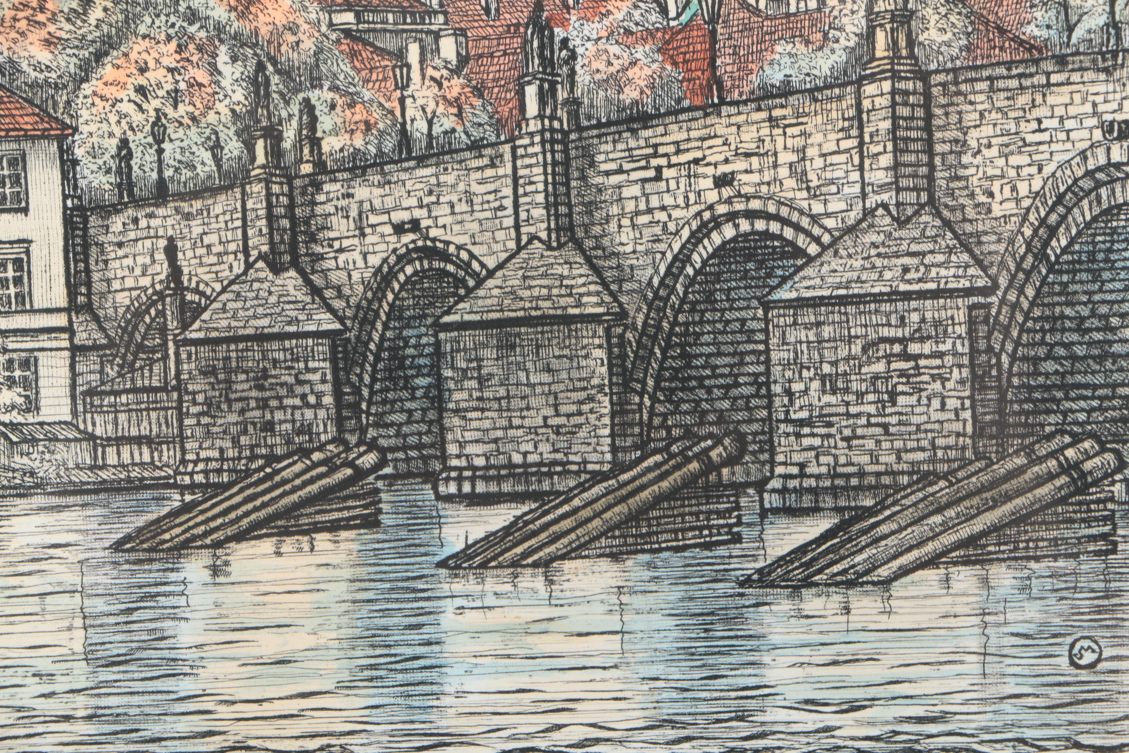 Hand Colored Prints of Vltava River and Charles Bridge