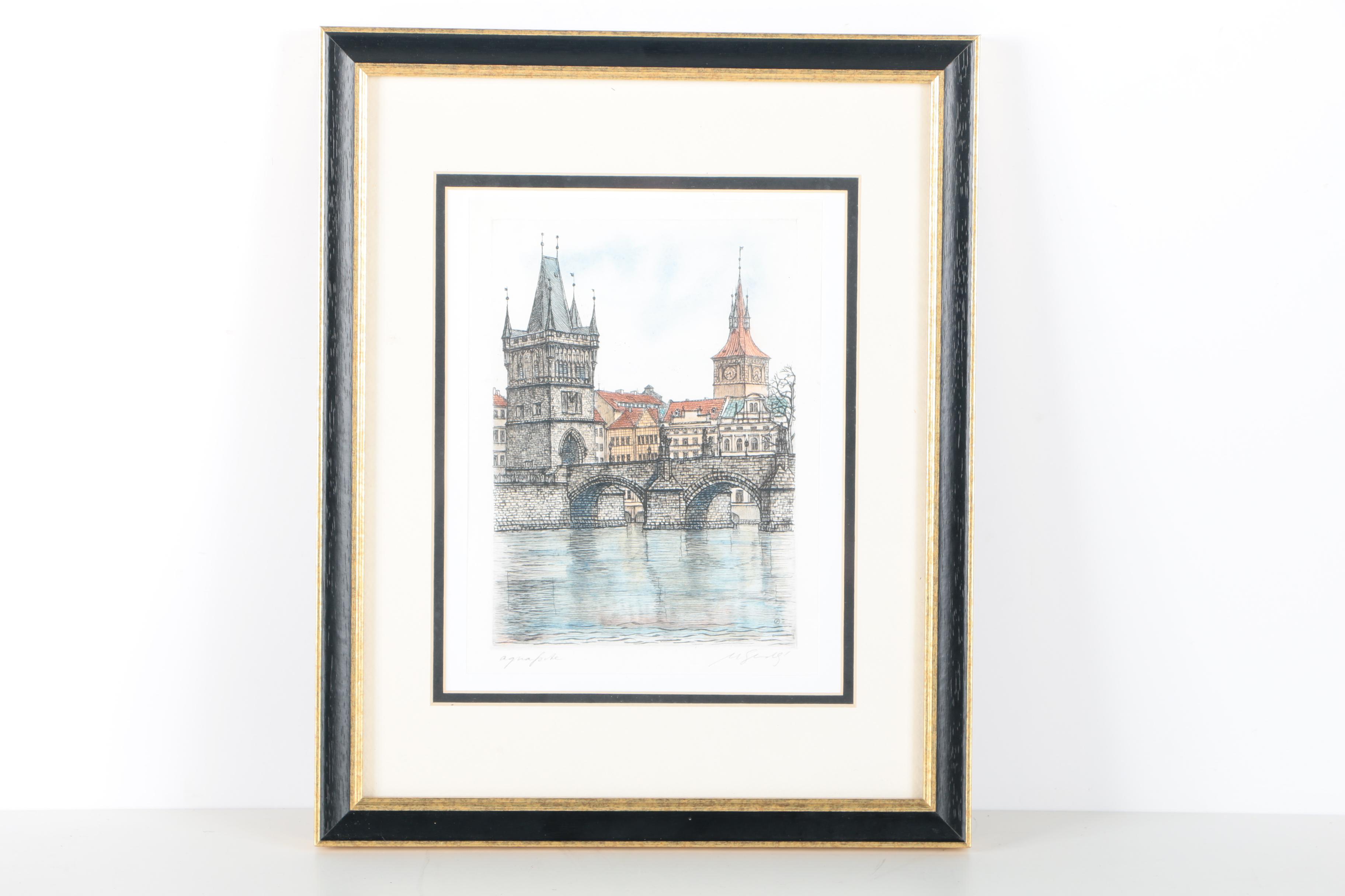 Hand Colored Prints of Vltava River and Charles Bridge