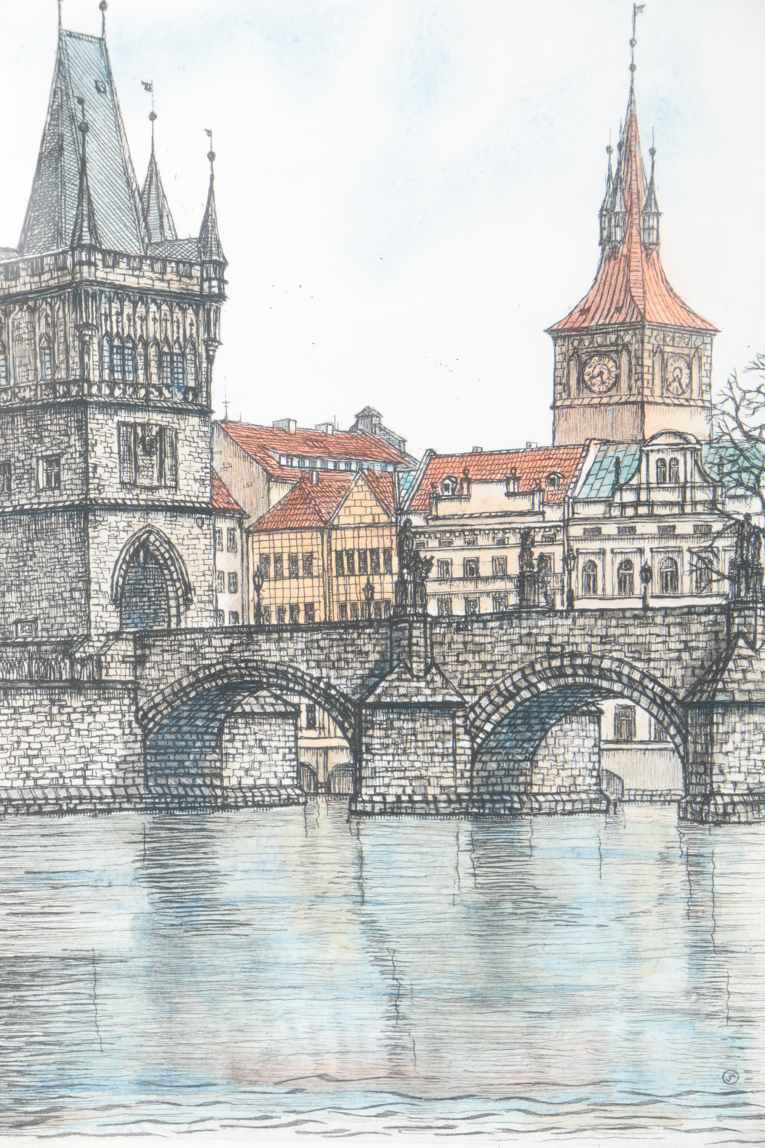 Hand Colored Prints of Vltava River and Charles Bridge