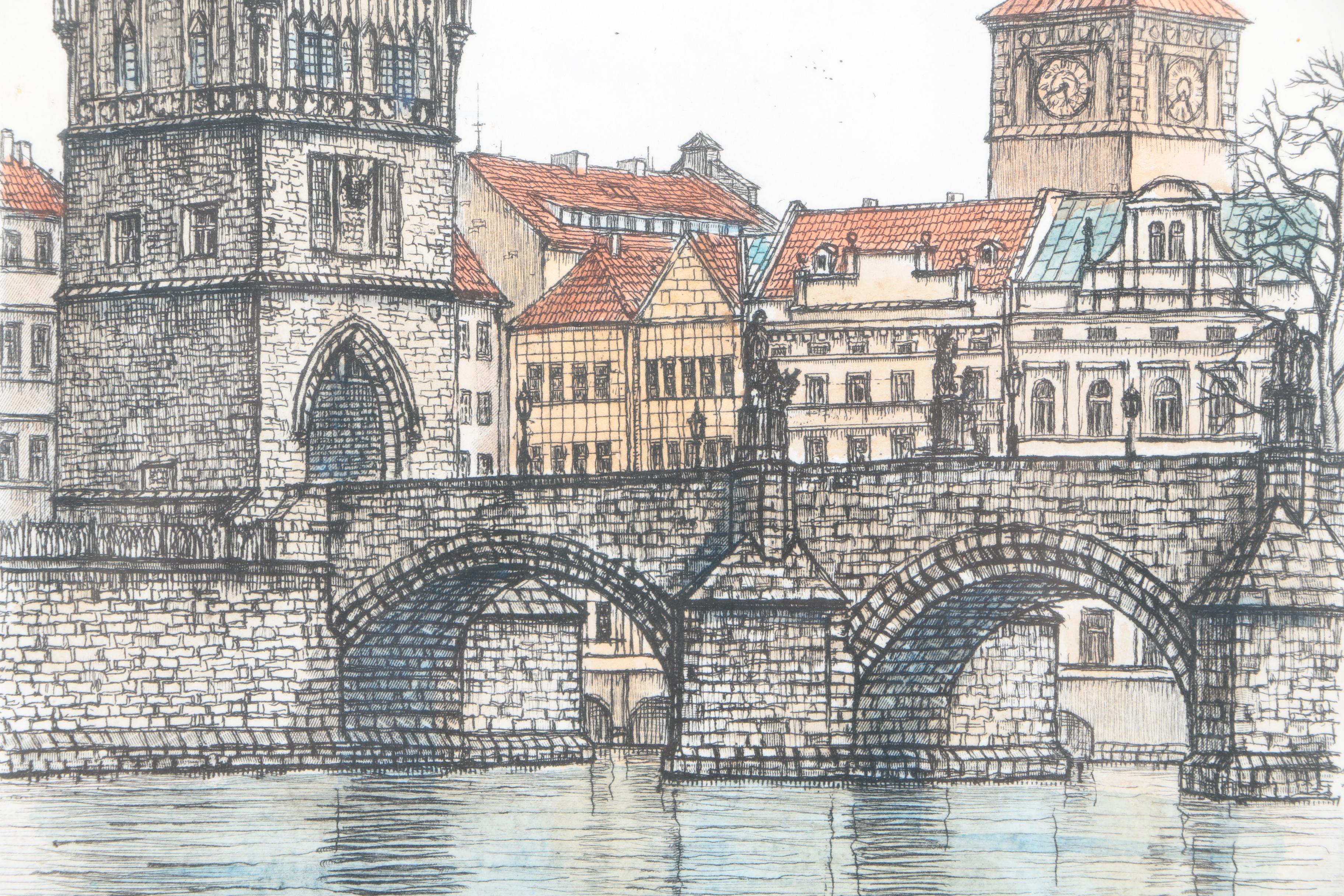 Hand Colored Prints of Vltava River and Charles Bridge