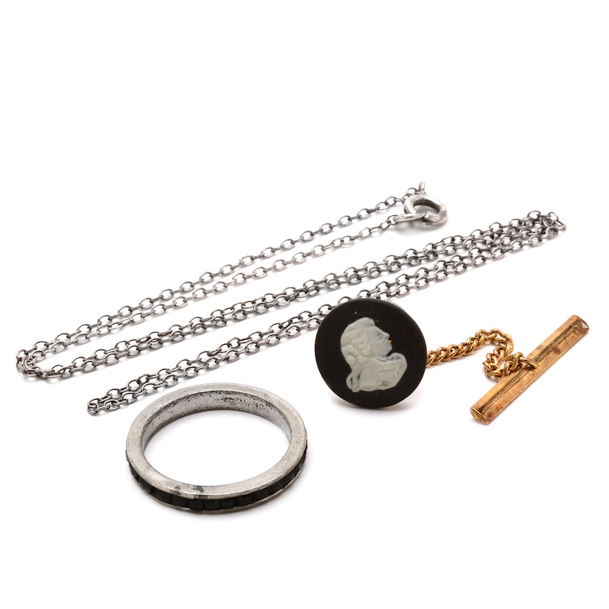 Sterling Ring and Chain Necklace with Wedgwood Style Tie Tack