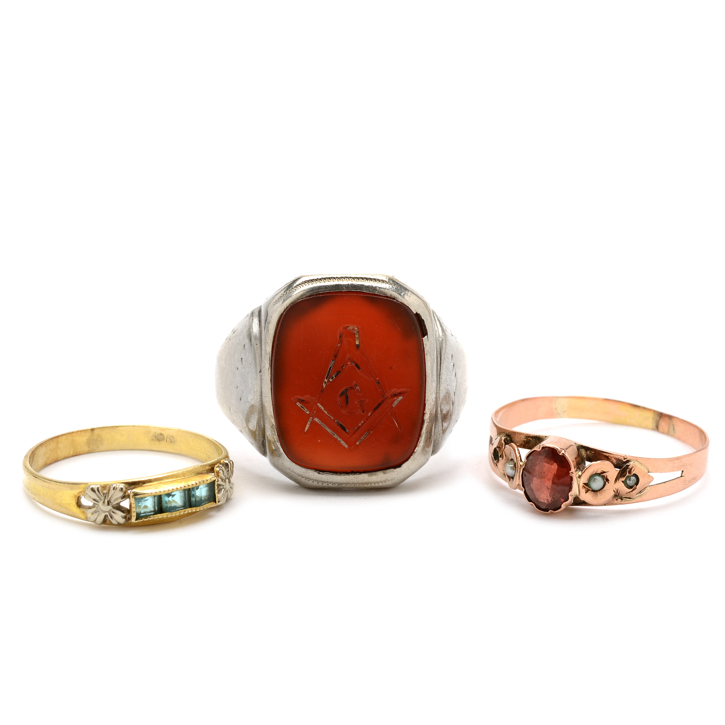 Vintage Gold Rings Including Masonic Sard Intaglio and Garnet