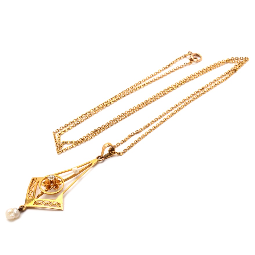 Victorian 10K Yellow Gold Diamond and Pearl Lavalier Necklace