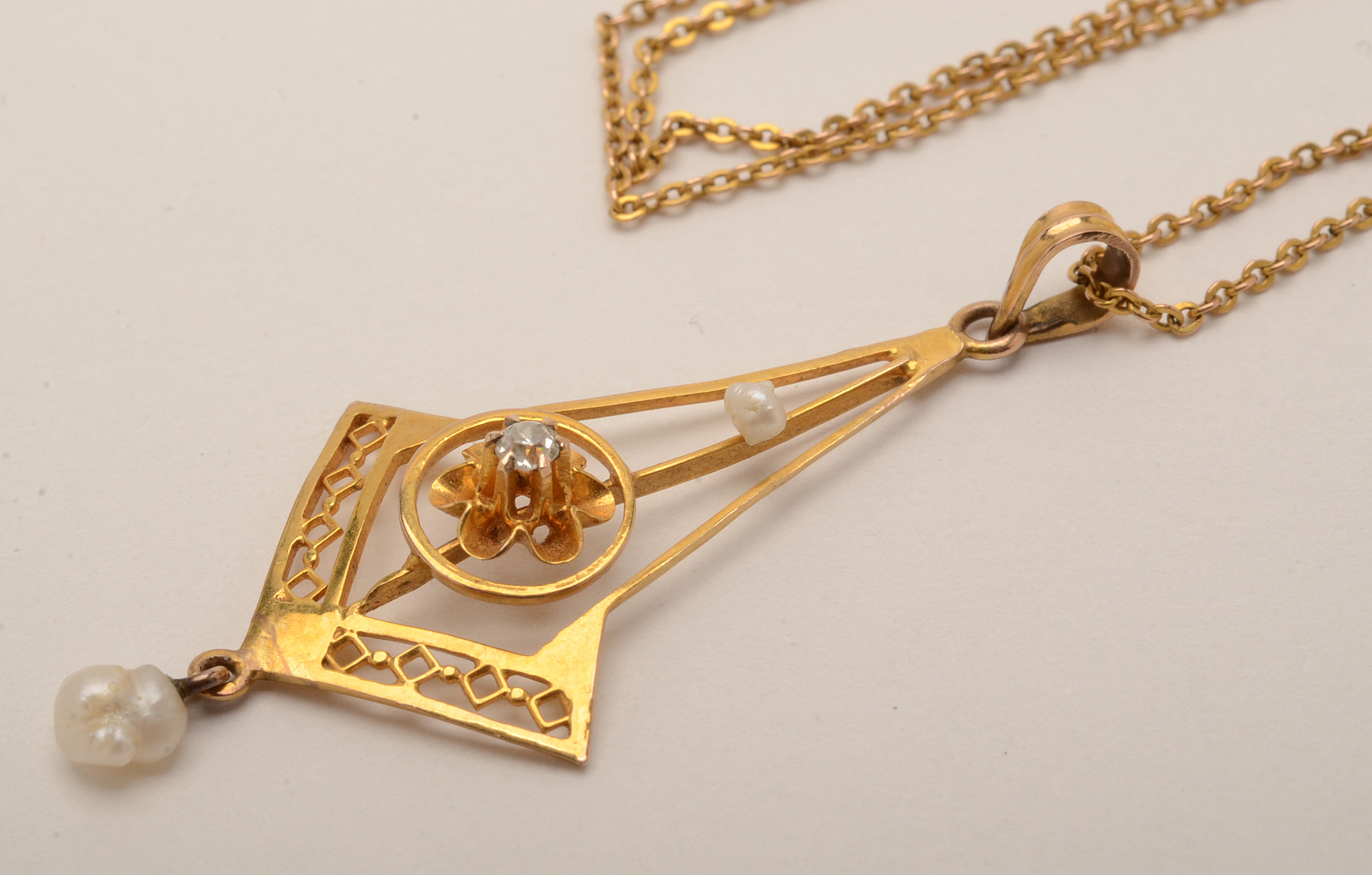 Victorian 10K Yellow Gold Diamond and Pearl Lavalier Necklace