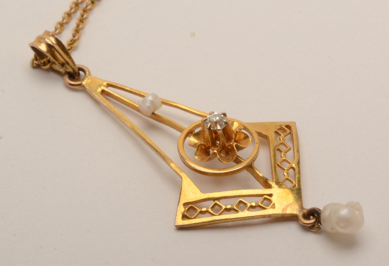 Victorian 10K Yellow Gold Diamond and Pearl Lavalier Necklace