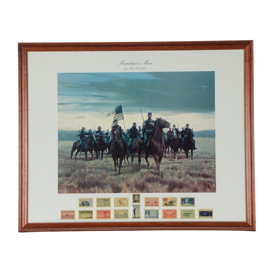 Display of Civil War-Themed Postage Stamps and Offset Lithographic Reproduction after Mort Künstler's "Sheridan's Men"