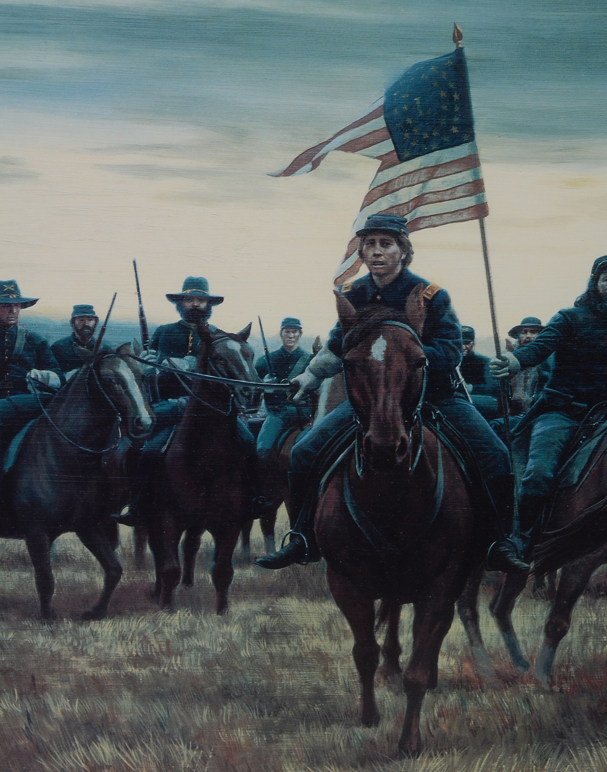 Display of Civil War-Themed Postage Stamps and Offset Lithographic Reproduction after Mort Künstler's "Sheridan's Men"