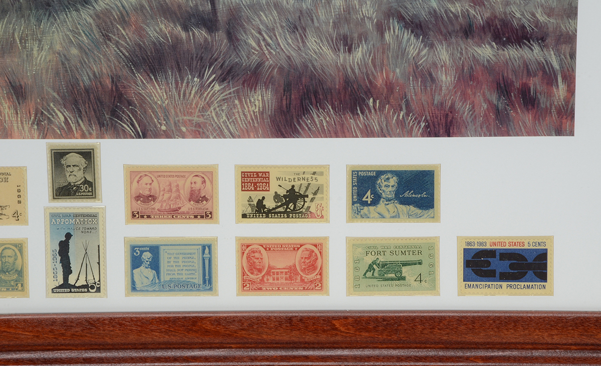 Display of Civil War-Themed Postage Stamps and Offset Lithographic Reproduction after Mort Künstler's "Sheridan's Men"