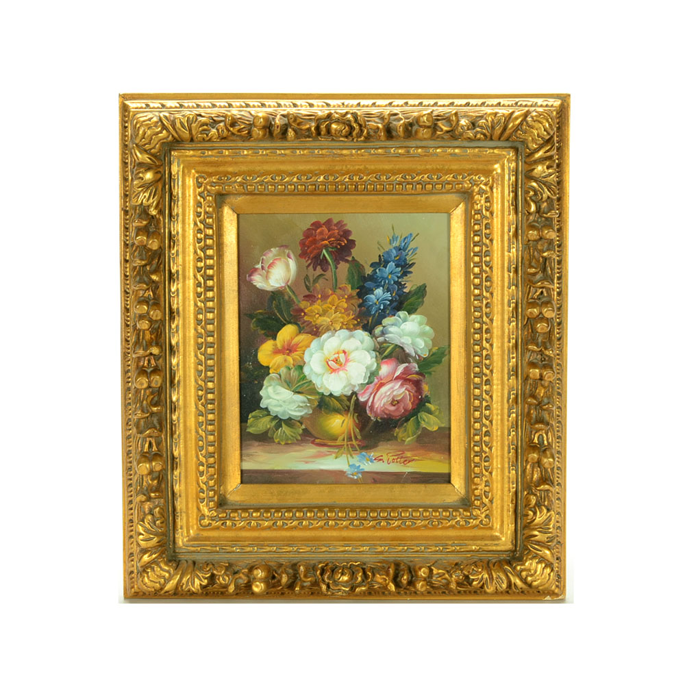 S. Potter Signed Original Floral Still Life Oil on Canvas