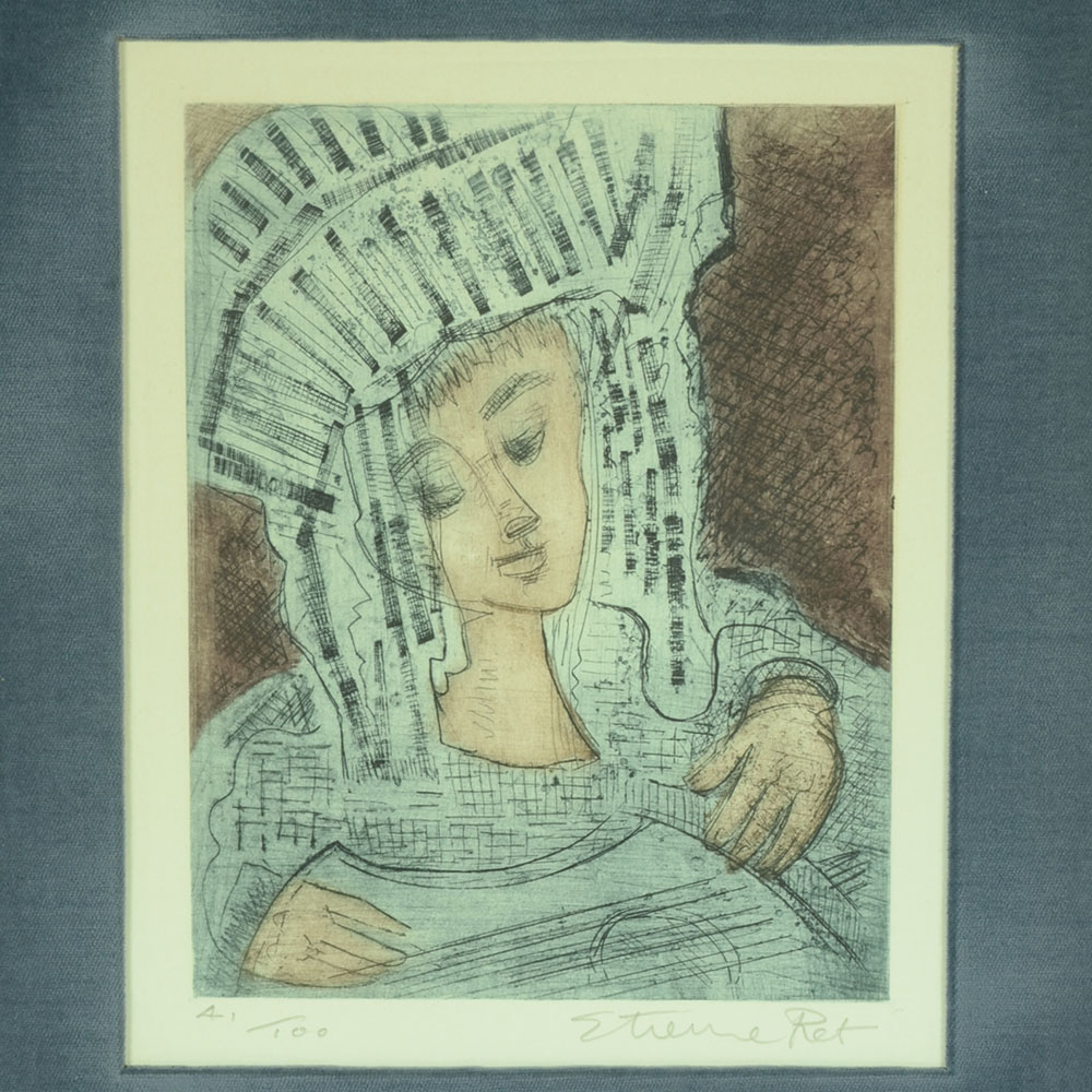 Etienne Ret Signed Limited Edition Aquatint Etching of Harpist