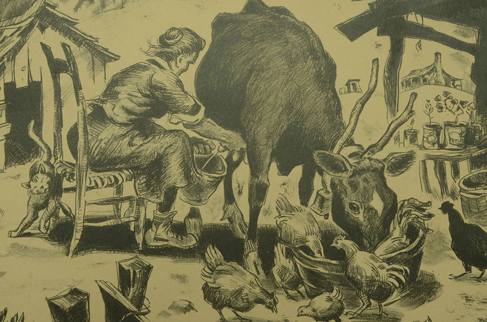 Glen Tracy Signed Original Stone Lithograph "Milking Black Betsy"