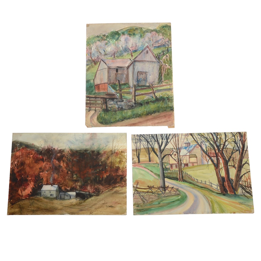 Three Dorothea Dana Unframed Watercolor Paintings of Farms