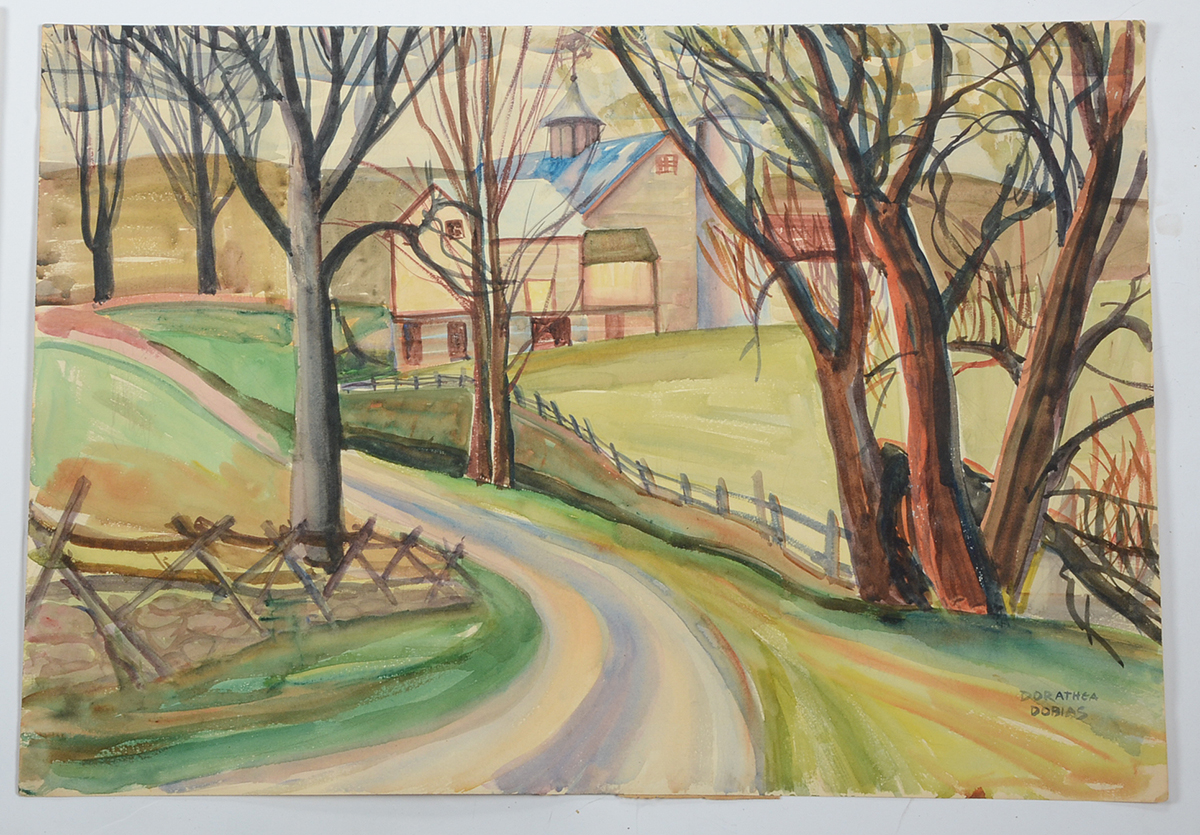 Three Dorothea Dana Unframed Watercolor Paintings of Farms