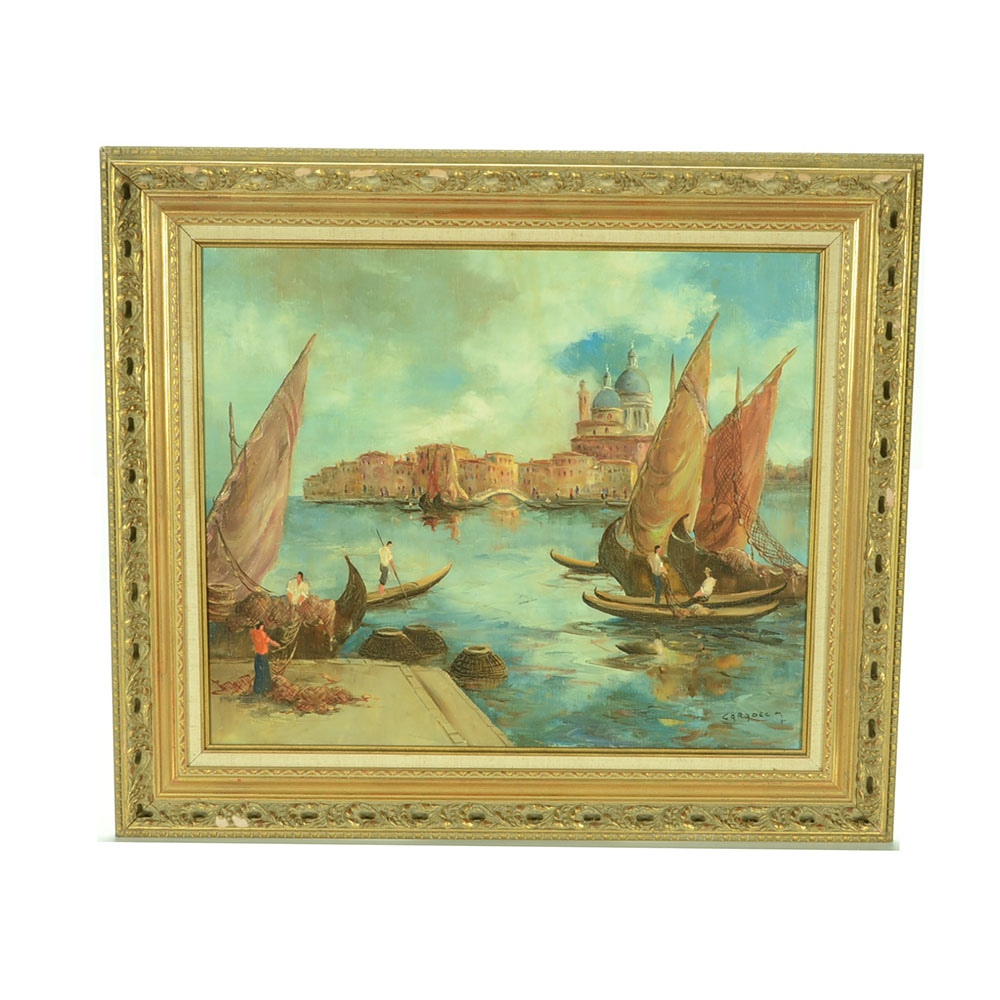 Marcel Caradec Original Oil Harbor Scene on Canvas