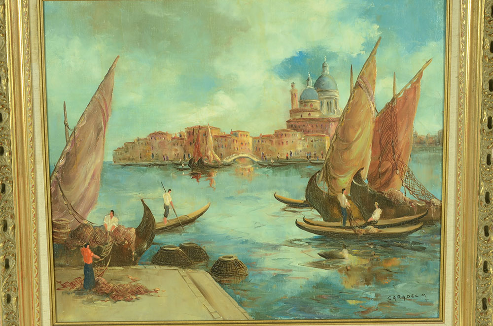 Marcel Caradec Original Oil Harbor Scene on Canvas