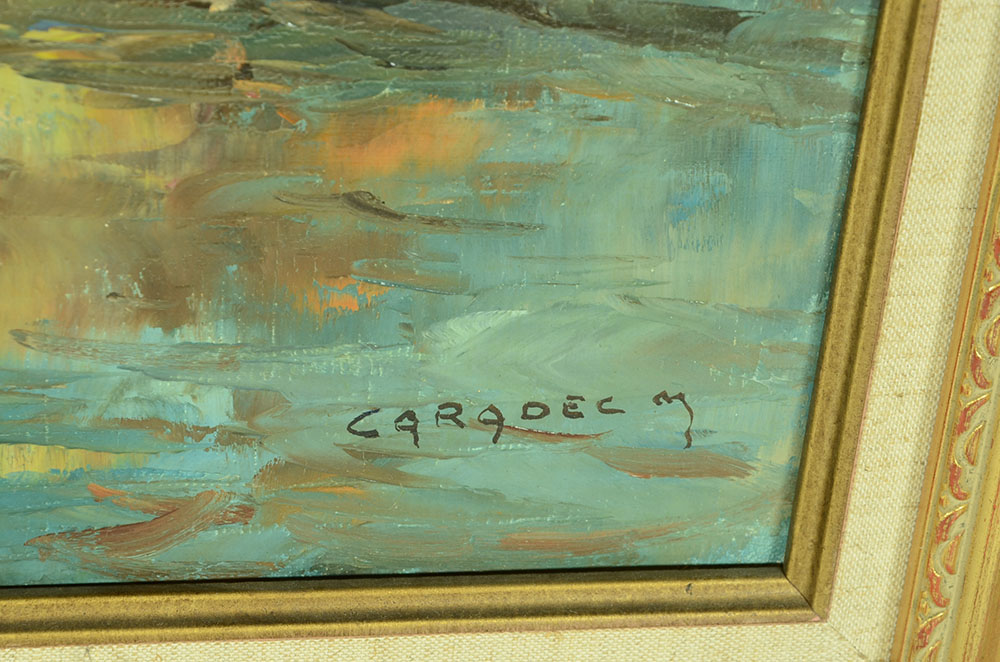 Marcel Caradec Original Oil Harbor Scene on Canvas