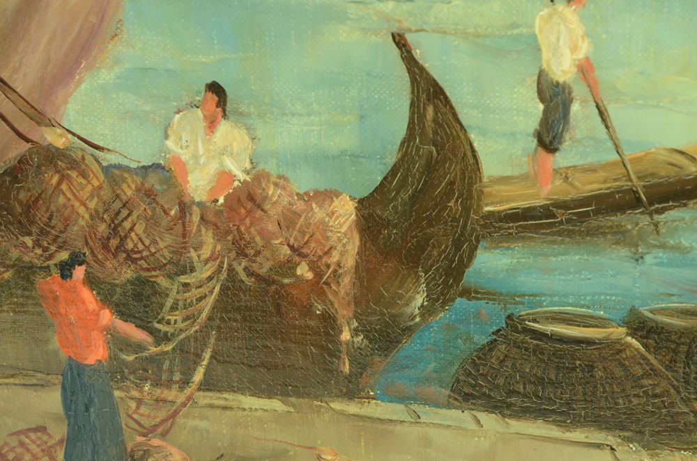 Marcel Caradec Original Oil Harbor Scene on Canvas