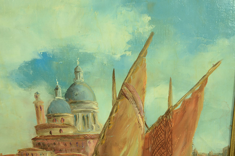 Marcel Caradec Original Oil Harbor Scene on Canvas