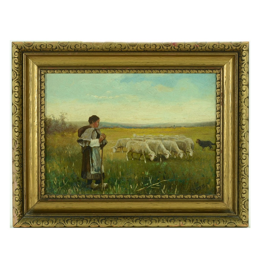 S. Gomer Antique Original Pastoral Landscape Oil on Canvvas