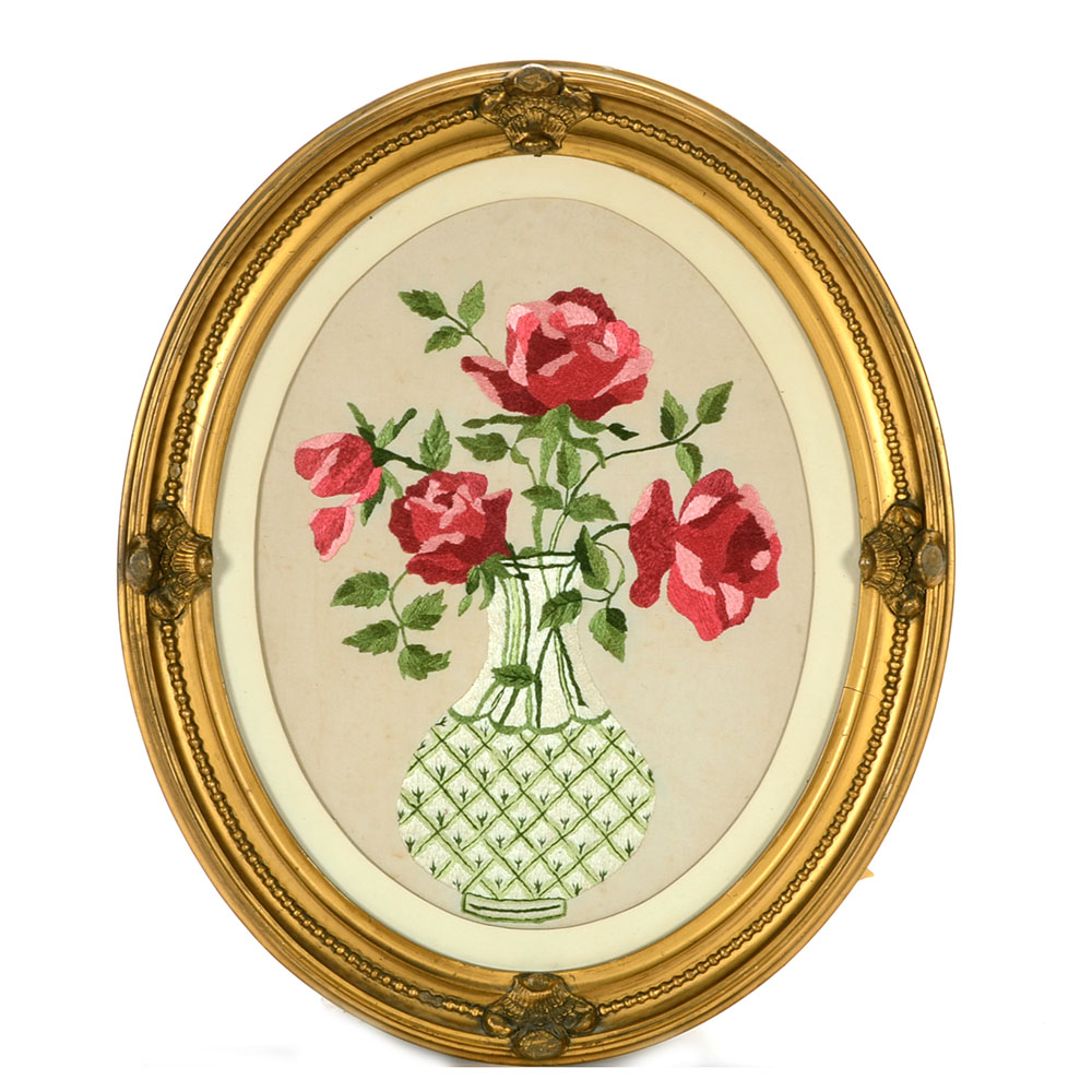 Antique Hand-Embroidered Textile with Roses in Vase