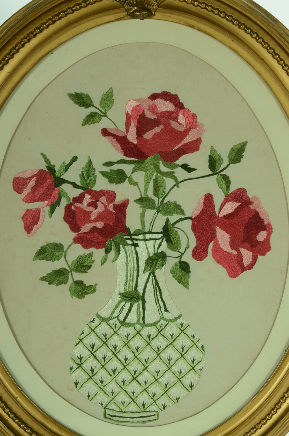 Antique Hand-Embroidered Textile with Roses in Vase