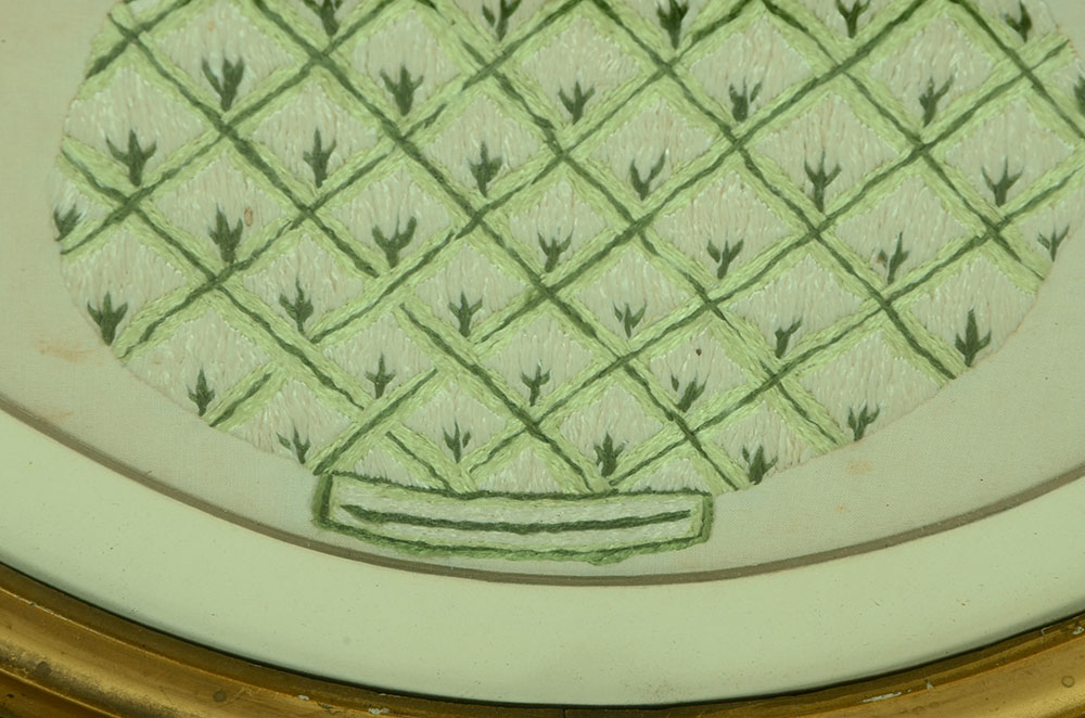 Antique Hand-Embroidered Textile with Roses in Vase