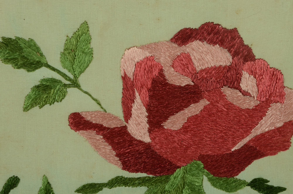Antique Hand-Embroidered Textile with Roses in Vase