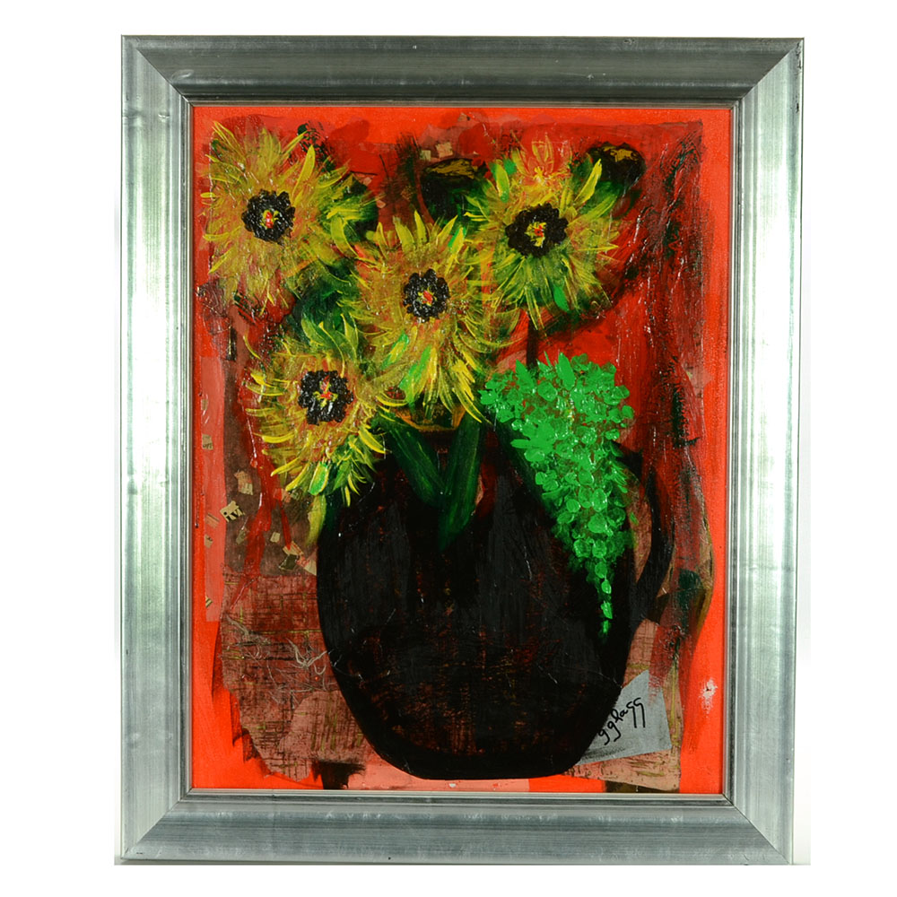 George Glass Original Acrylic and Tissue on Canvas "Sunflowers"