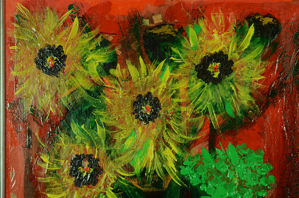 George Glass Original Acrylic and Tissue on Canvas "Sunflowers"