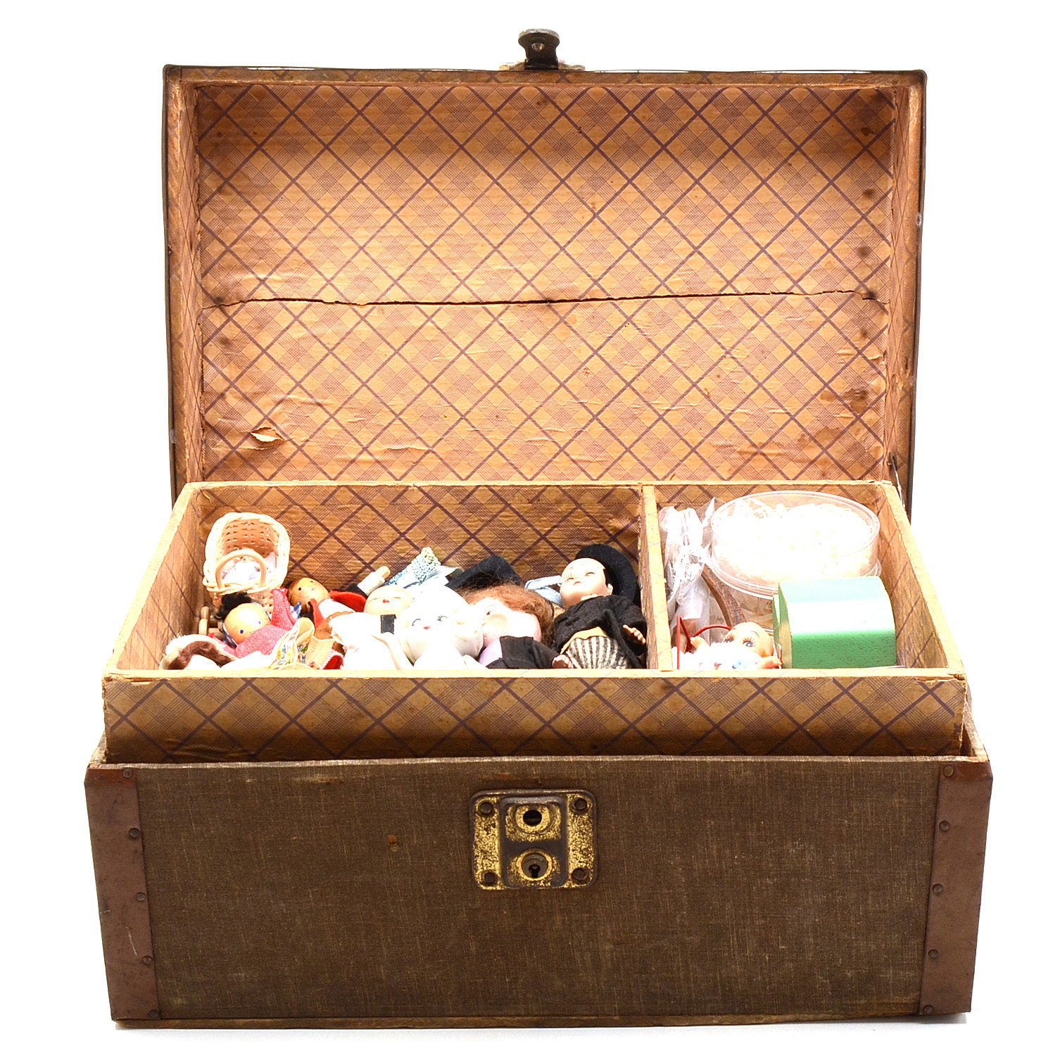 Vintage Small Locker Style Chest Filled with Assorted Dolls