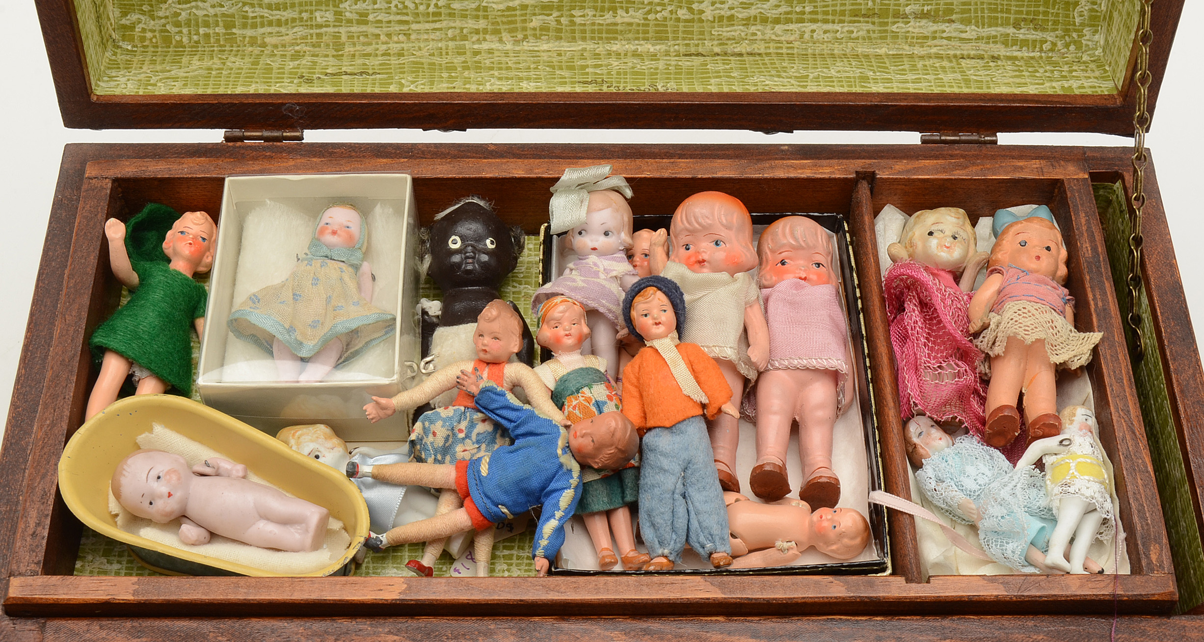 Vintage Chest Filled with Assorted Victorian Bisque Mini Dolls