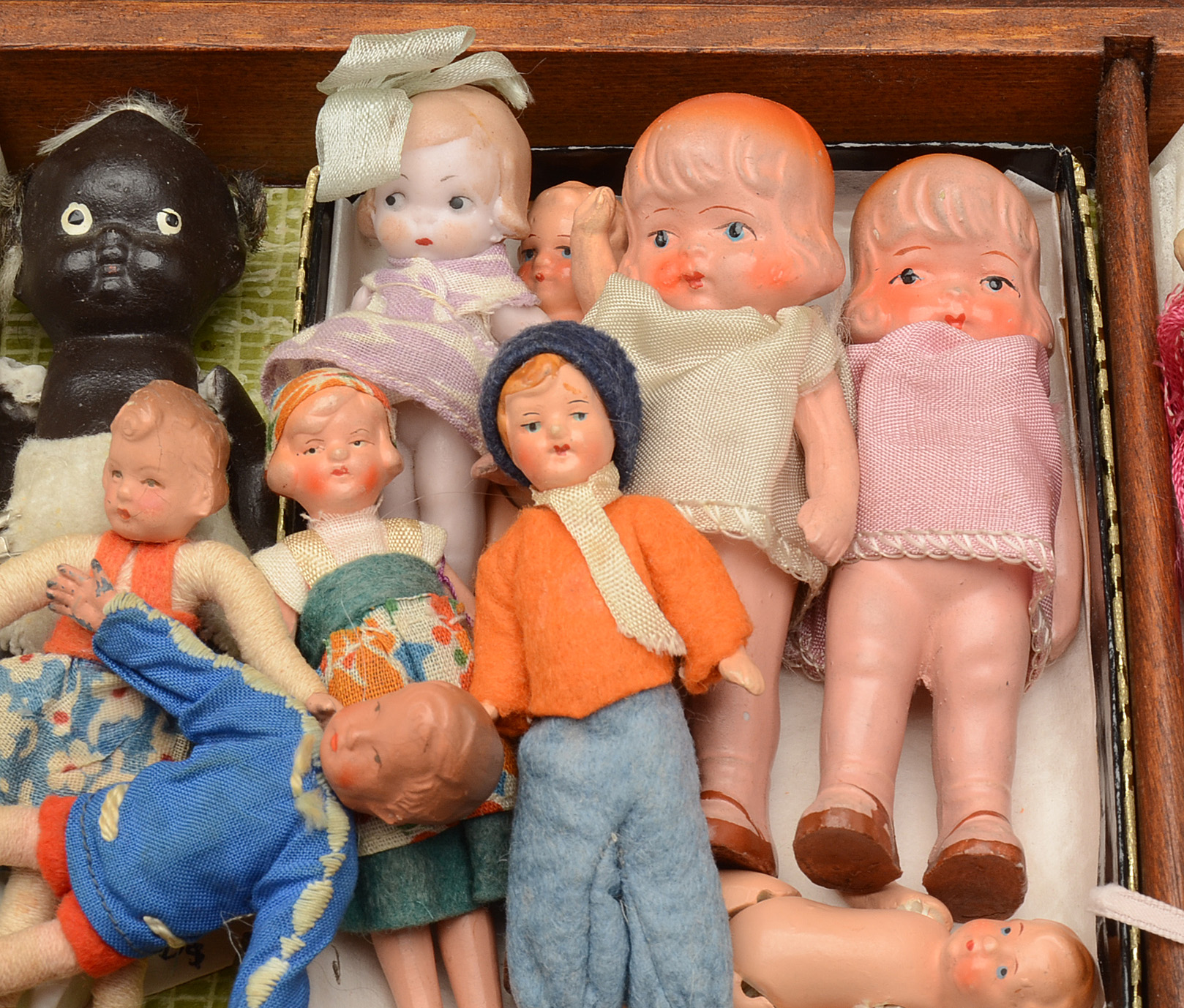 Vintage Chest Filled with Assorted Victorian Bisque Mini Dolls