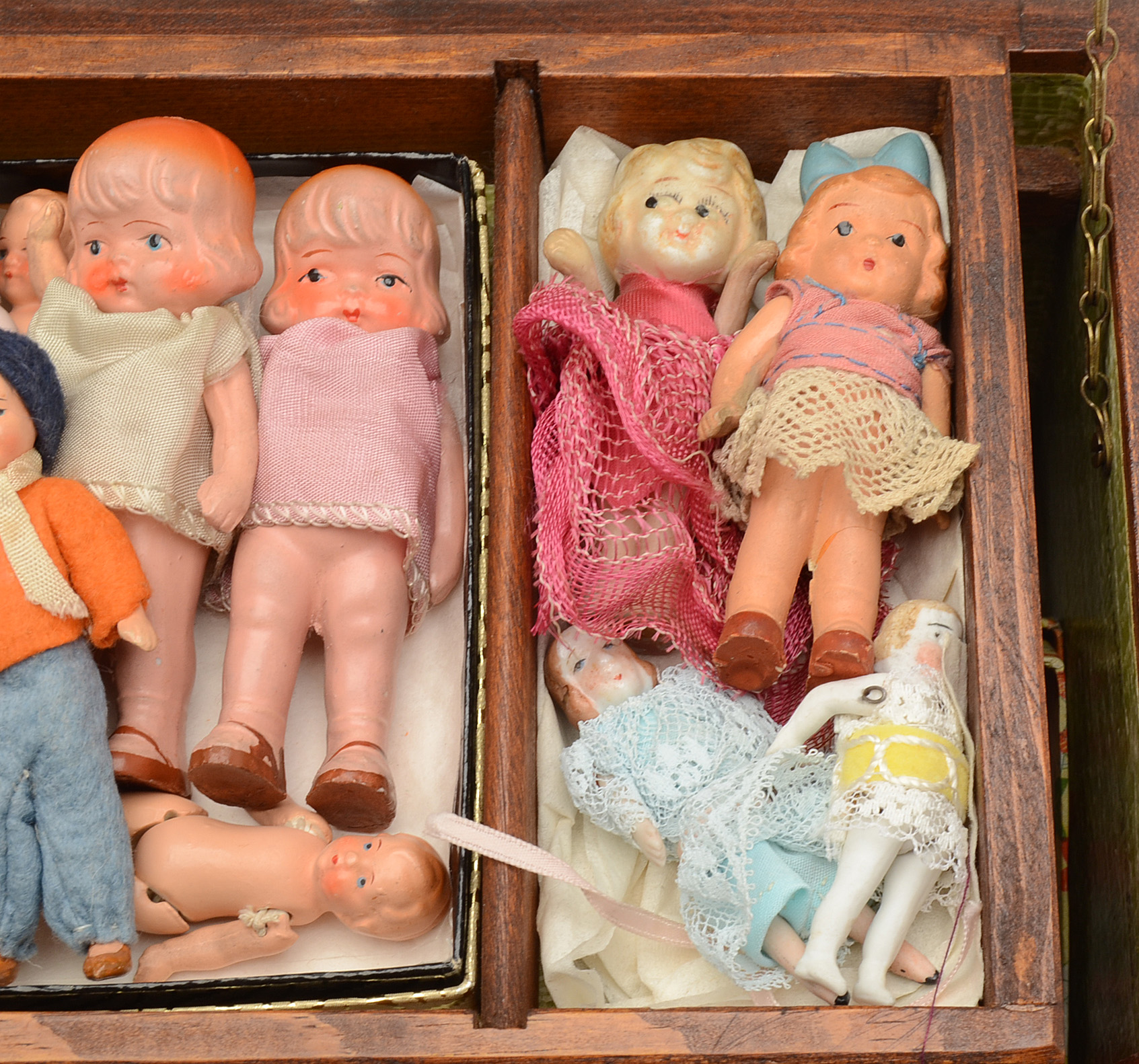 Vintage Chest Filled with Assorted Victorian Bisque Mini Dolls