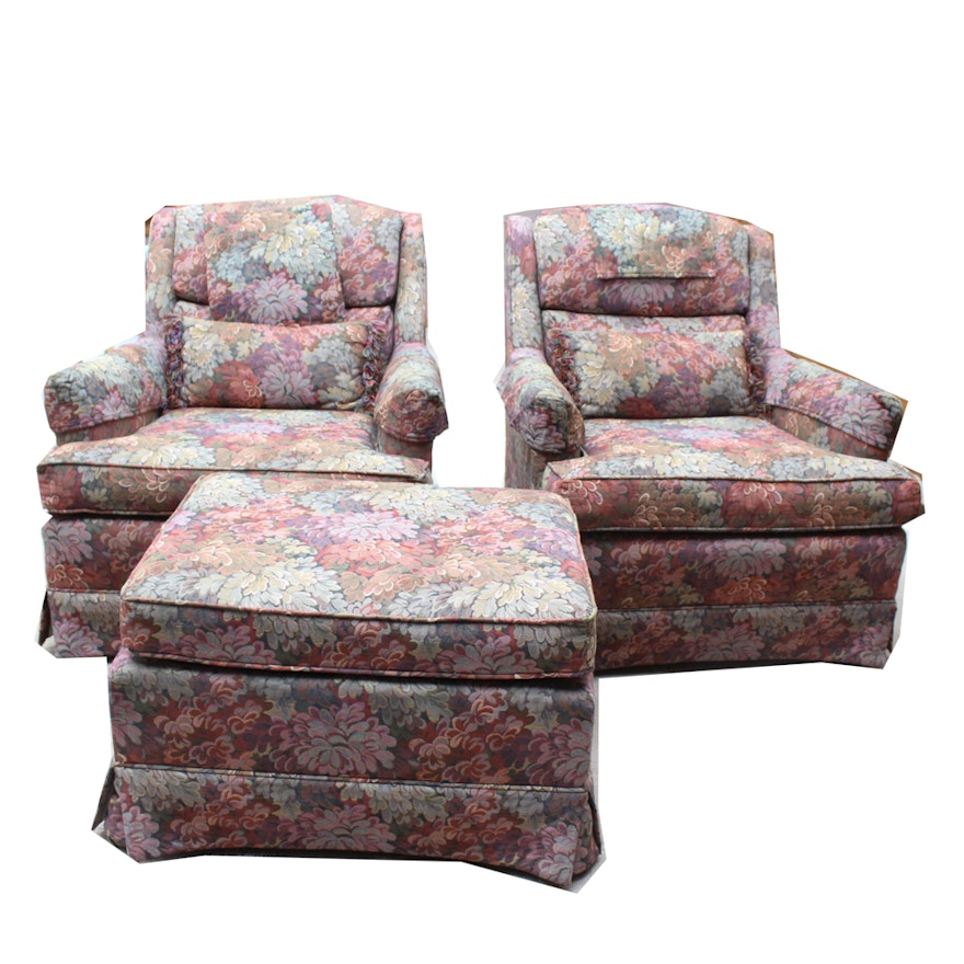 Two Upholstered Armchairs with Ottoman
