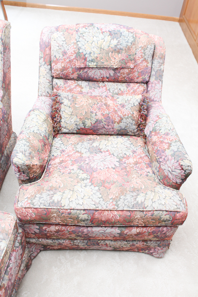 Two Upholstered Armchairs with Ottoman