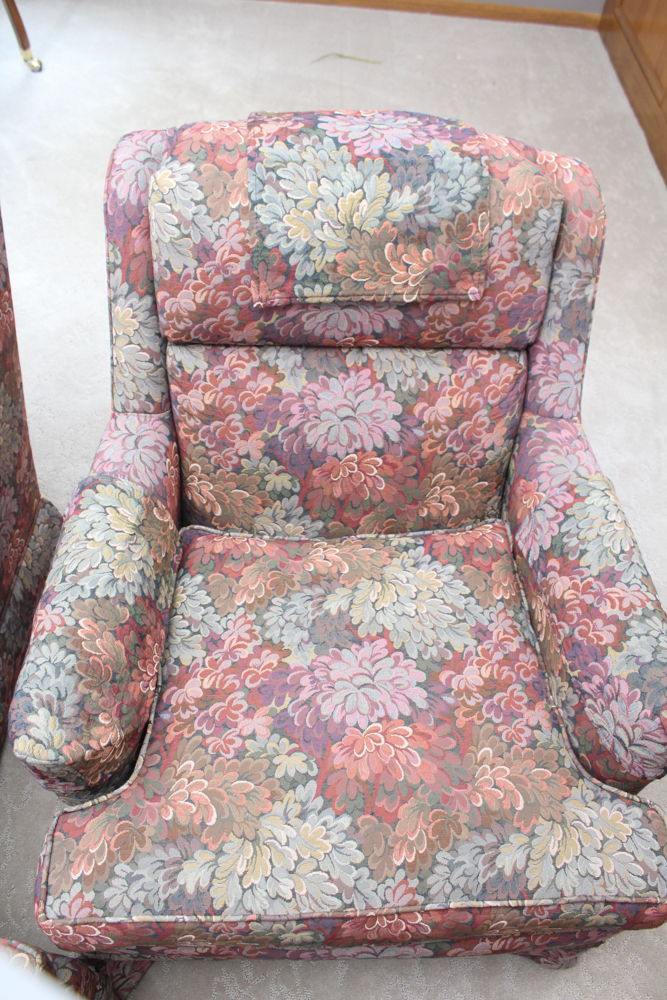 Two Upholstered Armchairs with Ottoman