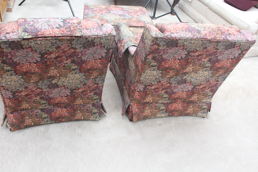 Two Upholstered Armchairs with Ottoman
