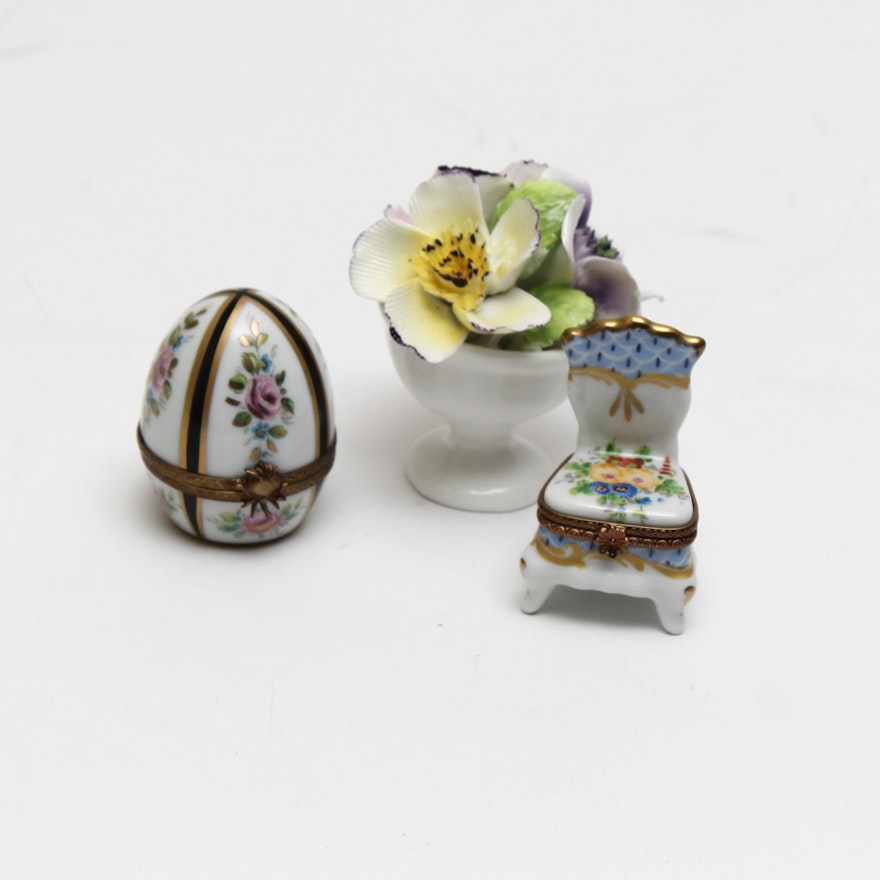 Limoge Porcelain Box Pair and Porcelain Flower Basket