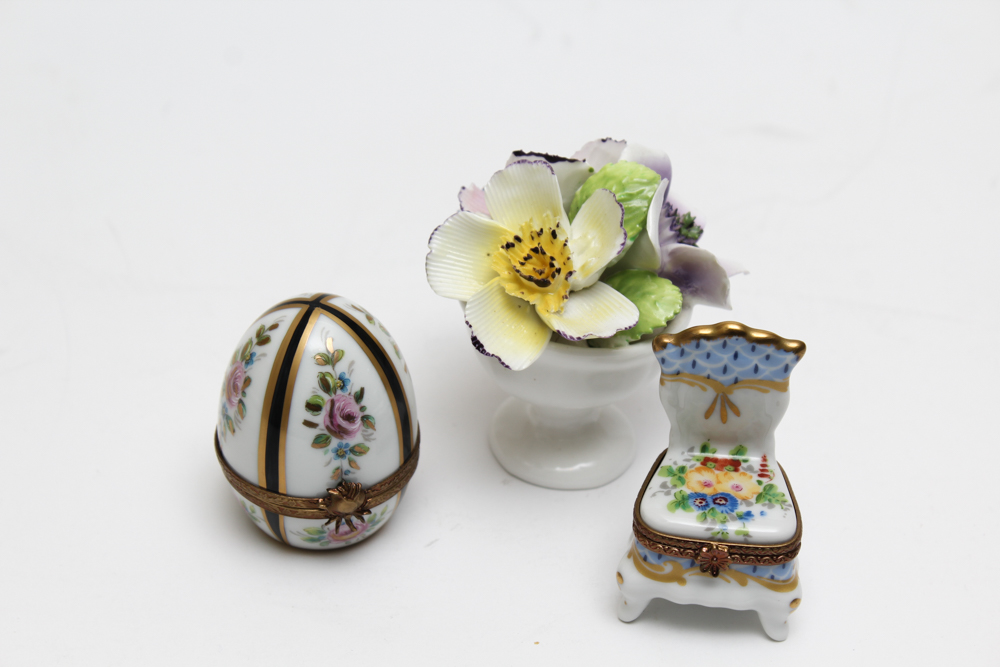 Limoge Porcelain Box Pair and Porcelain Flower Basket