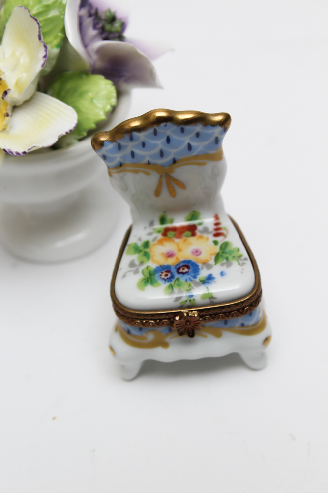 Limoge Porcelain Box Pair and Porcelain Flower Basket