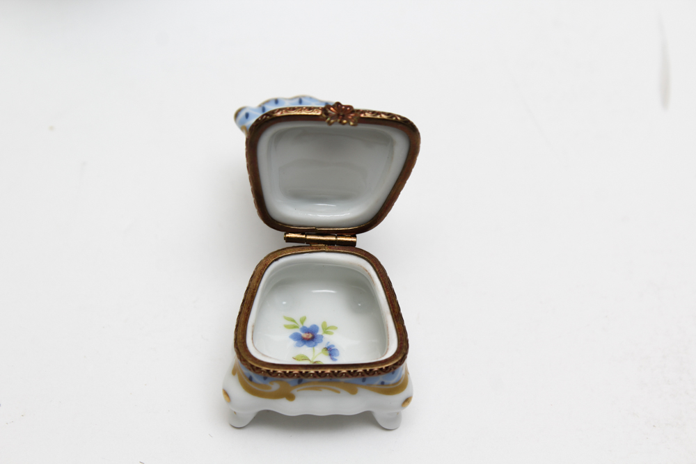 Limoge Porcelain Box Pair and Porcelain Flower Basket